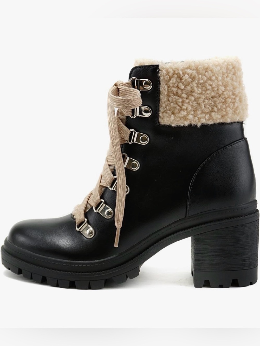 Soda Black Lace-Up Ankle Boots with Cream Sherpa Trim
